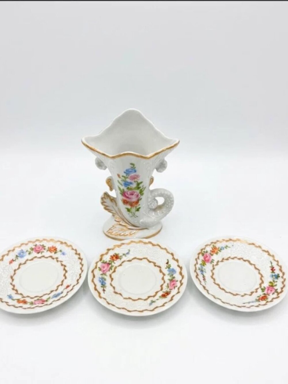 Limoges France Hand Painted Floral Vase & 3 Dishes Gold Trim 4 Pc Set